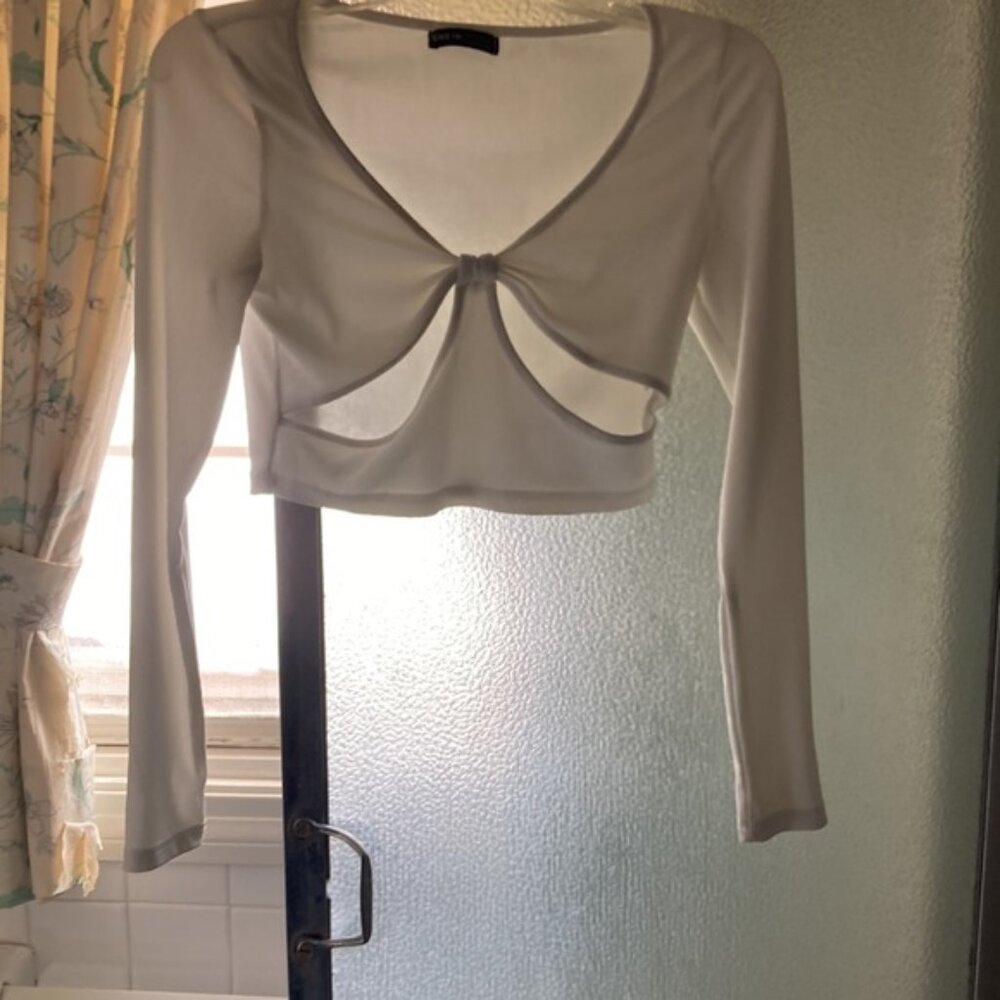 SHEIN summer midriff long-sleeve cut-out ribbed knit white crop top